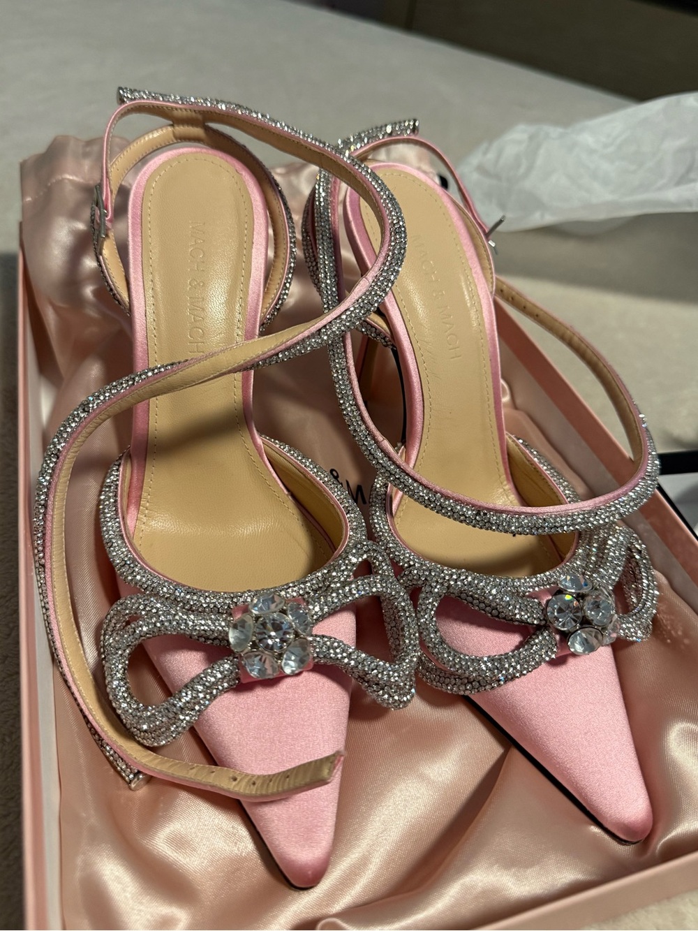 MACH & MACH Pink Satin Crystal-Trim Stiletto Heels
